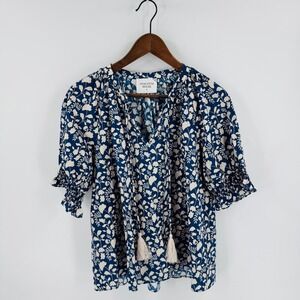 Tuckernuck Hyacinth House Blue Floral Tassel Boho Top Size M Peasant Cottage